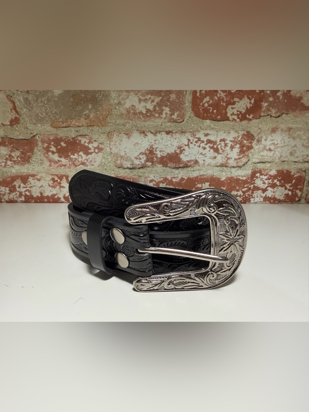 Women’s Black Embossed Leather Belt with Silver Western Buckle - S